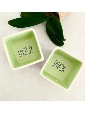 Rae Dunn Savor and Enjoy Square Green Ceramic Bowl Set 3" for Condiment Snacks
